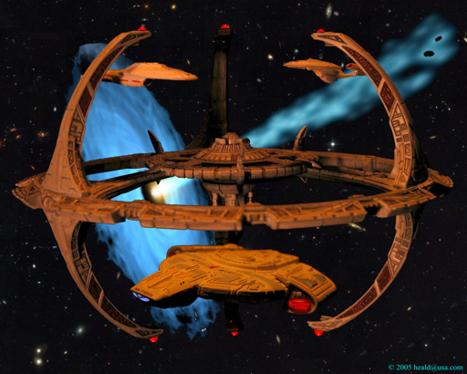 Star Trek: Deep Space 9 with Voyager and the Enterprise E docked while the Defiant heads out into space.