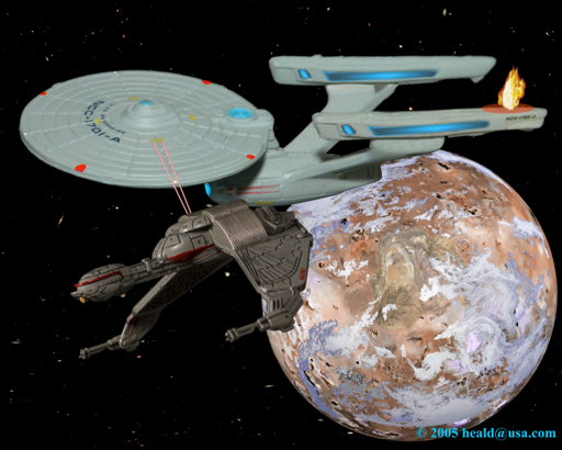 Star Trek: The Enterprise A returns fire after being strafed by a Klingon Bird-of-Pray as it leaves Nimbus III, the planet of galactic peace, in "The Final Frontier".