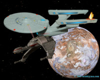 The Enterprise A returns fire after being strafed by a Klingon Bird-of-Pray.
   Click to Enlarge.