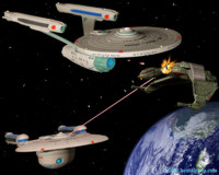 The Excelsior comes to the aid of the Enterprise A under attack by a cloaked Bird-of-Pray. Click to Enlarge.