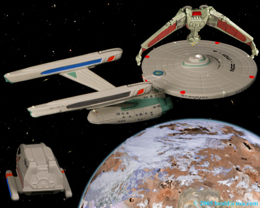 Star Trek: The Enterprise A is stalked by a Klingon Bird-of-Pray waiting for it to lower its shields to retrieve the shuttle Galileo returning from Nimbus III, the planet of galactic peace, in "The Final Frontier".