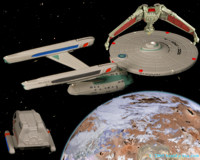 The Enterprise A is stalked by a Klingon Bird-of-Pray waiting for it to lower its shields to retrieve the shuttle Galileo.
   Click to Enlarge.
