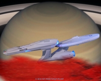 The ATL Enterprise rises above Saturn's moon Titan to ambush the Romulan ship Narada.