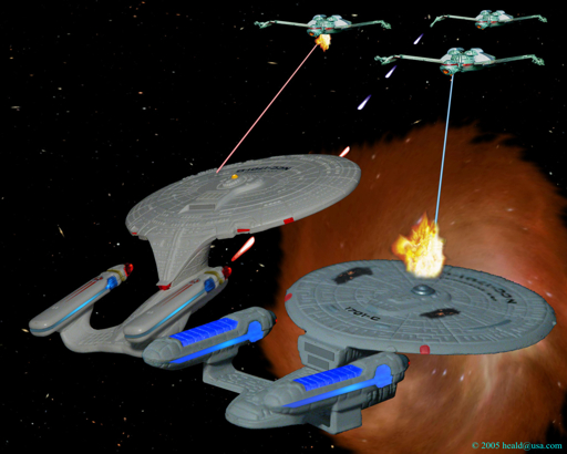 Star Trek: As the Enterprise C returns through the subspace rift, the D defends it from three Klingon K'Vort battle cruisers.