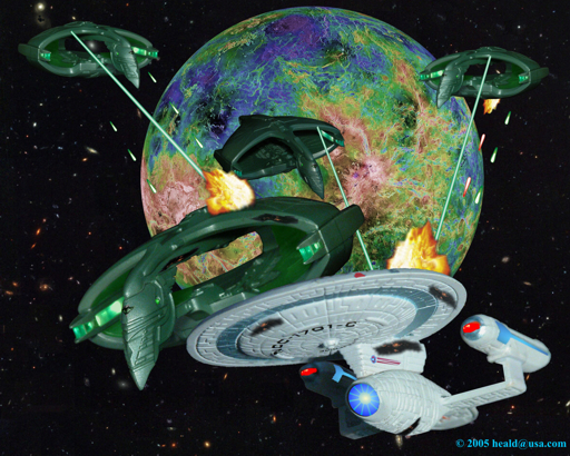 Star Trek: Back in its time, Enterprise C defends the Klingon outpost on Narendra III from four Romulan Warbirds.