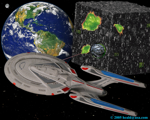 Star Trek: While Starfleet defends Earth, the Borg launch a temporal sphere to travel back to 2063 and assimilate Earth before the invention of warp drive in "First Contact".