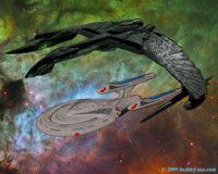 Commander Donatra of the Romulan Warbird Valdore comes to the aid of the Enterprise E.
   Click to Enlarge.