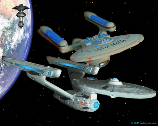Star Trek: The battle scarred Enterprise escapes from Federation Space Dock pursued by the Excelsior in "The Search for Spock".