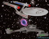 A false distress call lures the Enterprise and a Klingon Battle cruiser into a trap.
   Click to Enlarge.