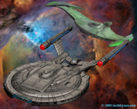 Enterprise NX-01 is escorted out of Romulan clamed space by a Bird of Pray.
   Click to Enlarge.