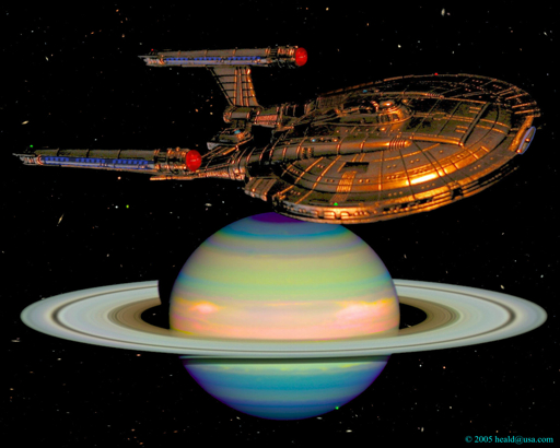 Star Trek: Enterprise NX-01 passing by Saturn.