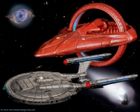 The Vulcan ship Ti'mur watches the Enterprise NX-01.  
   Click to Enlarge.