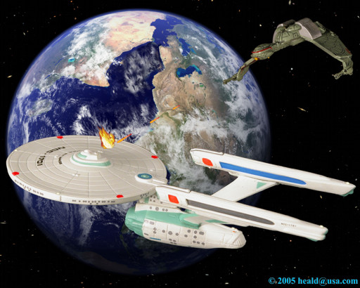 Star Trek: The Enterprise is fatally wounded by a Klingon Bird-of-Prey over the Genesis planet in "The Search for Spock".