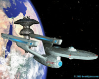 The newly retrofitted Enterprise NCC-1701 passes the Federation Space Dock.
   Click to Enlarge.