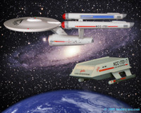 The Enterprise's shuttle craft Galileo descending to a class M planet.
   Click to Enlarge.