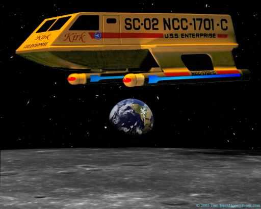 Star Trek: The Enterprise C's Shuttle Craft Kirk orbiting the Moon with a 3/4 Earth just over the horizon.