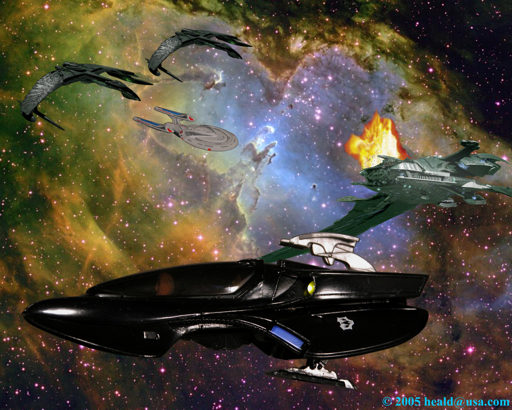 Star Trek: Picard and Data escape from the Reman Scimitar using a Scorpion Attack Flyer in "Nemesis".