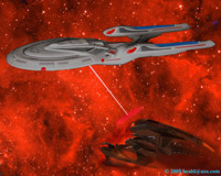 The Enterprise E fires on the Son'a Command ship.
   Click to Enlarge.