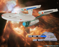 The Vulcan long-range Shuttle Surak overtakes the newly retrofitted Enterprise NCC-1701. 
   Click to Enlarge.